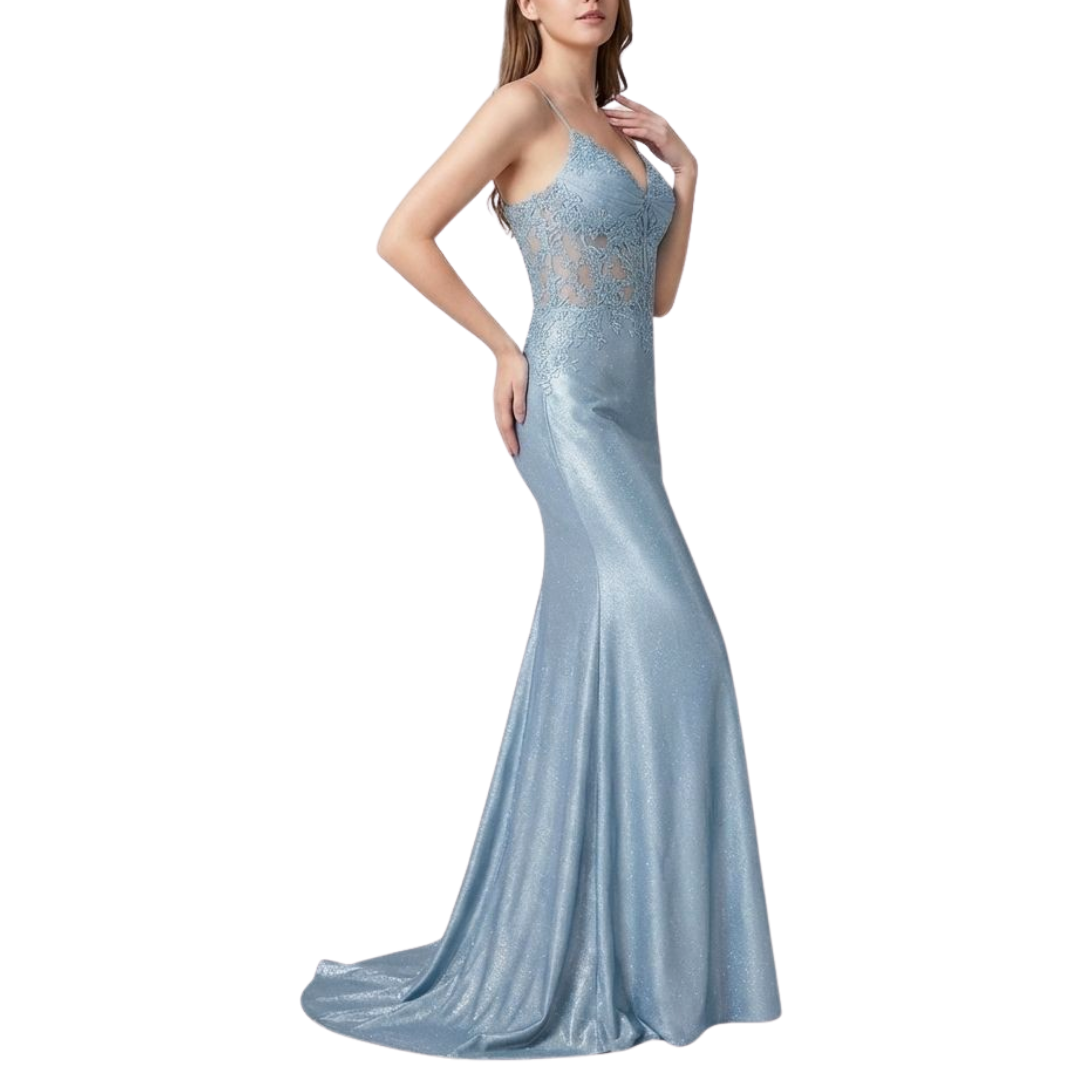 Glitzerndes hellblaues Meerjungfrau-Abendkleid mit Spitzen-Korsett