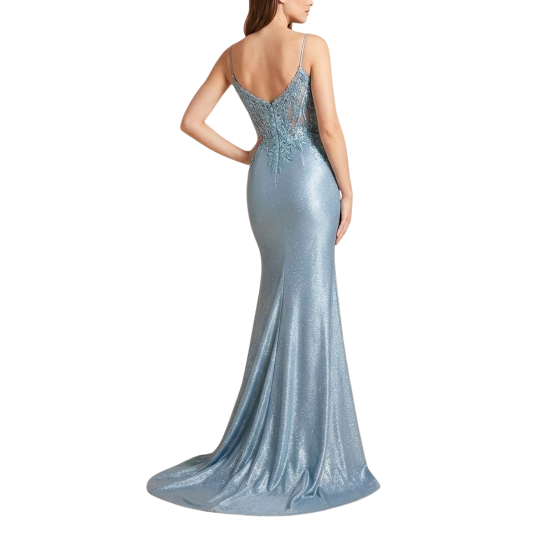 Glitzerndes hellblaues Meerjungfrau-Abendkleid mit Spitzen-Korsett