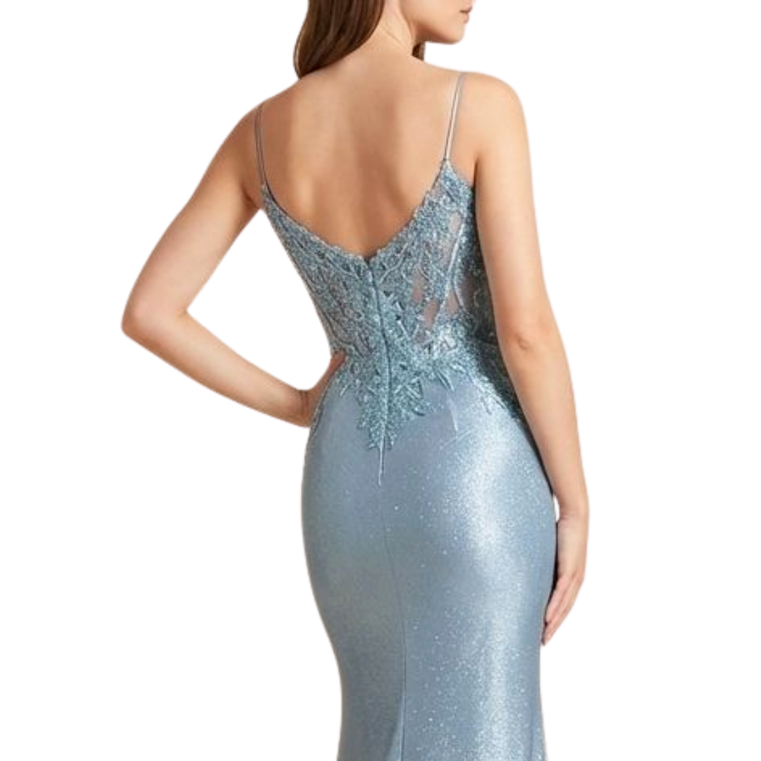 Glitzerndes hellblaues Meerjungfrau-Abendkleid mit Spitzen-Korsett
