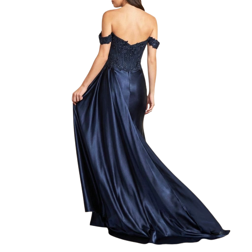 Off-Shoulder Abendkleid mit Pailletten-Korsett und Beinschlitz