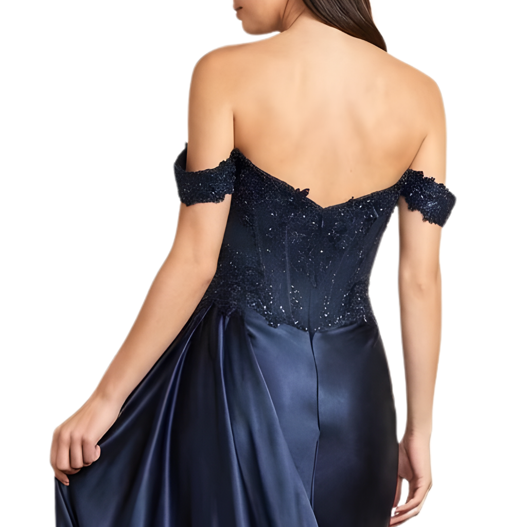Off-Shoulder Abendkleid mit Pailletten-Korsett und Beinschlitz