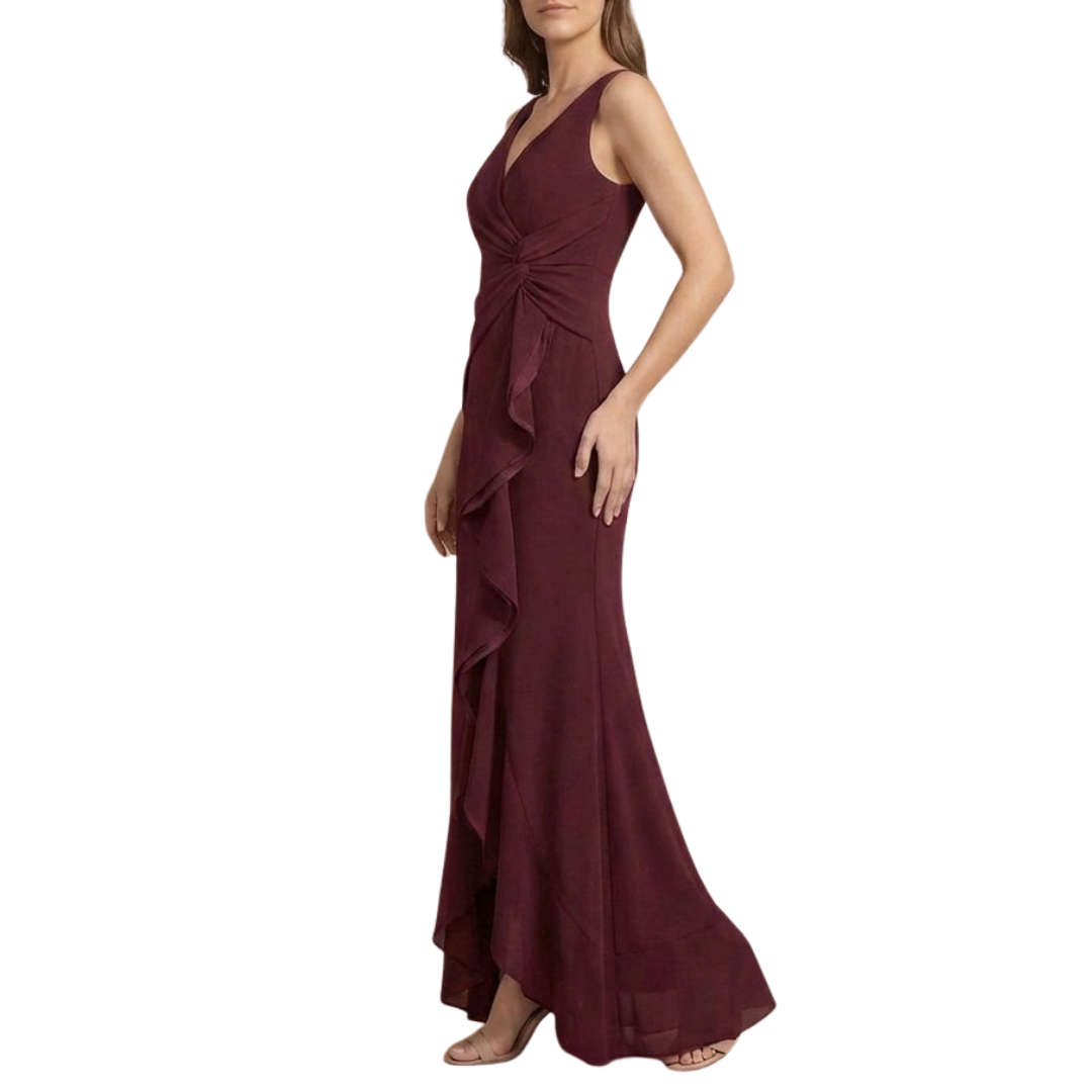 Elegantes weinrotes Abendkleid mit V-Ausschnitt und Rüschen