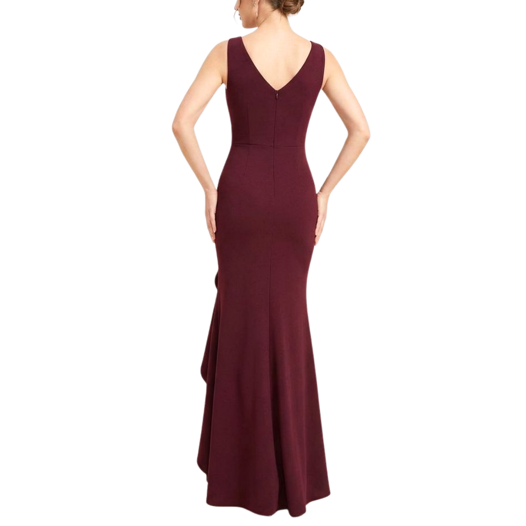 Elegantes weinrotes Abendkleid mit V-Ausschnitt und Rüschen