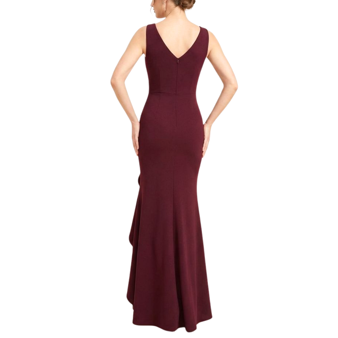 Elegantes weinrotes Abendkleid mit V-Ausschnitt und Rüschen