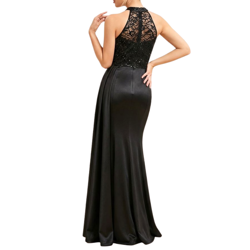 Elegantes schwarzes Neckholder-Abendkleid mit Pailletten-Spitze