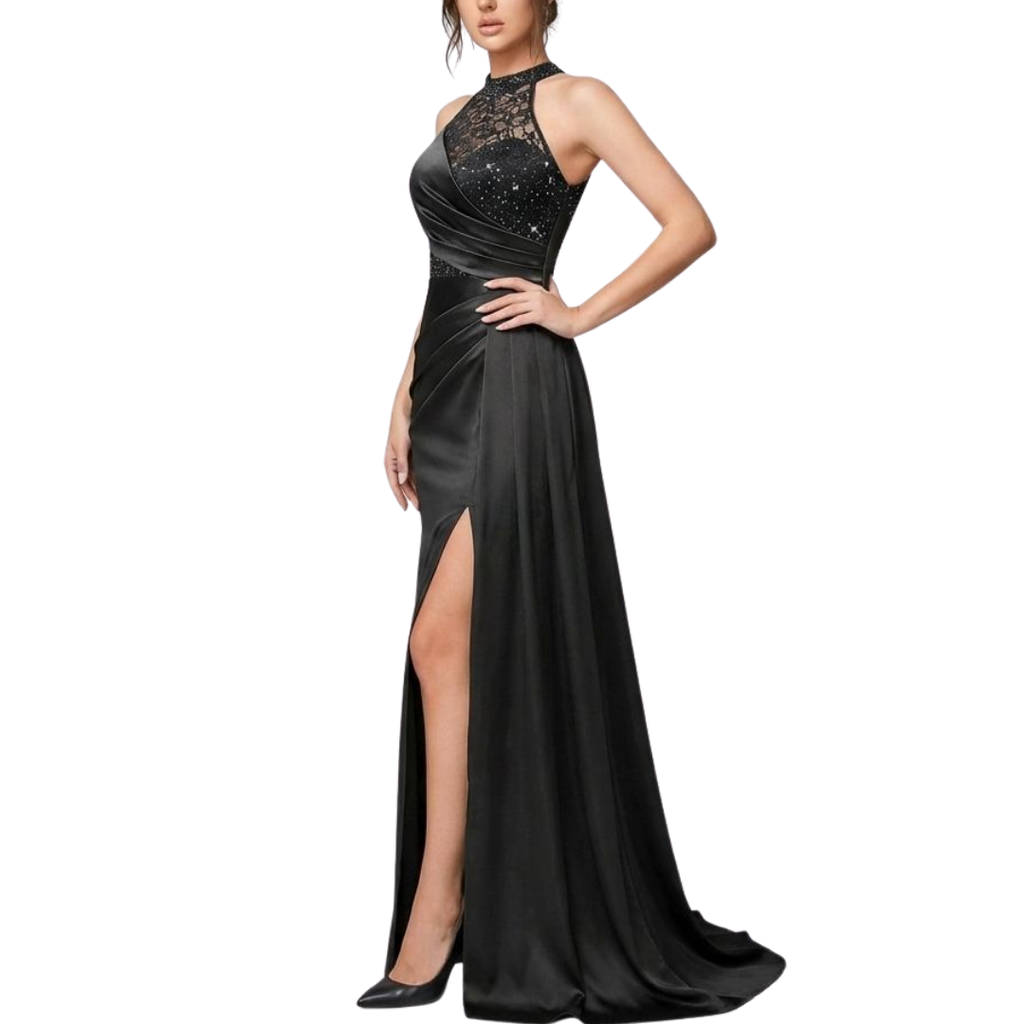 Elegantes schwarzes Neckholder-Abendkleid mit Pailletten-Spitze
