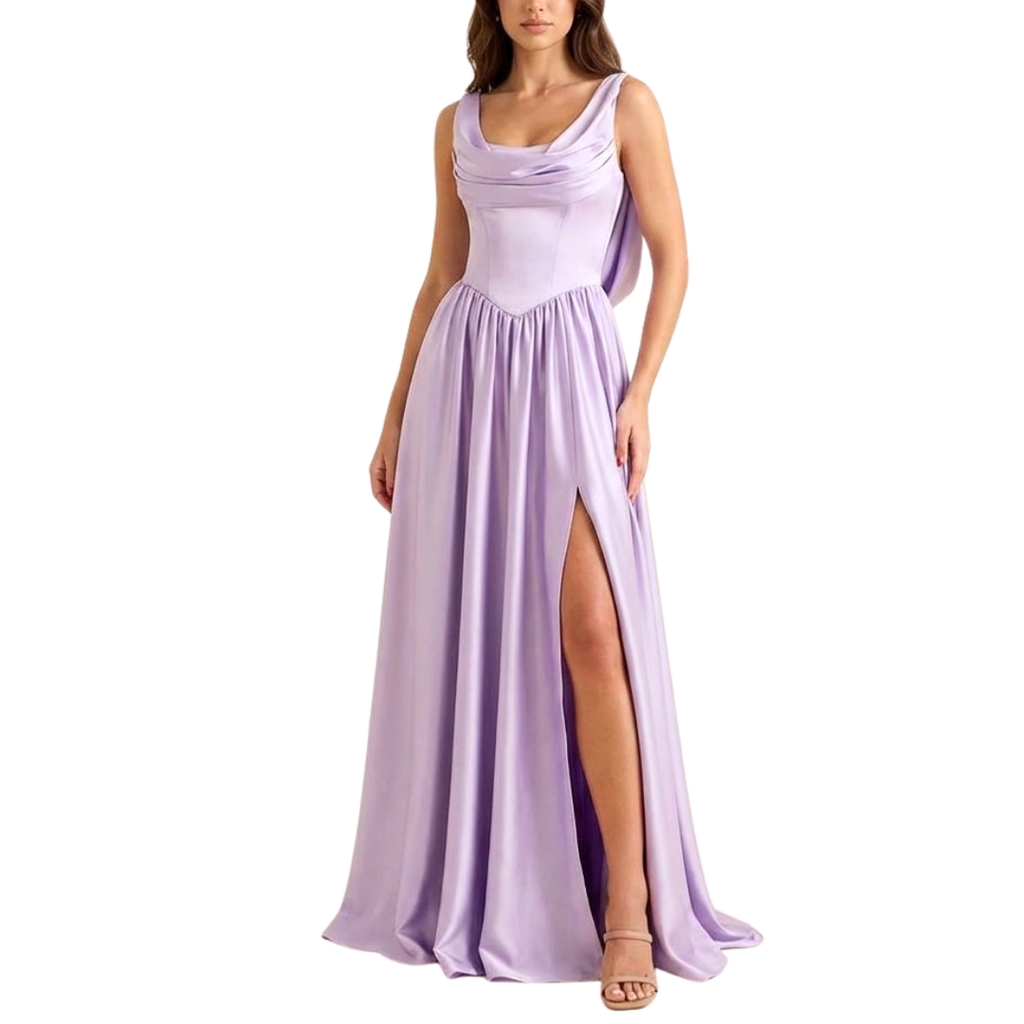 Fliederfarbenes Satin-Abendkleid mit Wasserfallausschnitt und Beinschlitz
