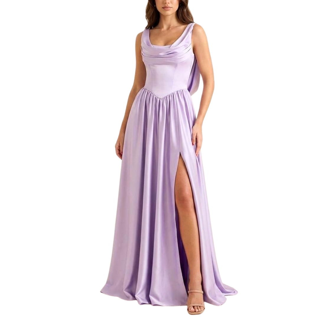 Fliederfarbenes Satin-Abendkleid mit Wasserfallausschnitt und Beinschlitz