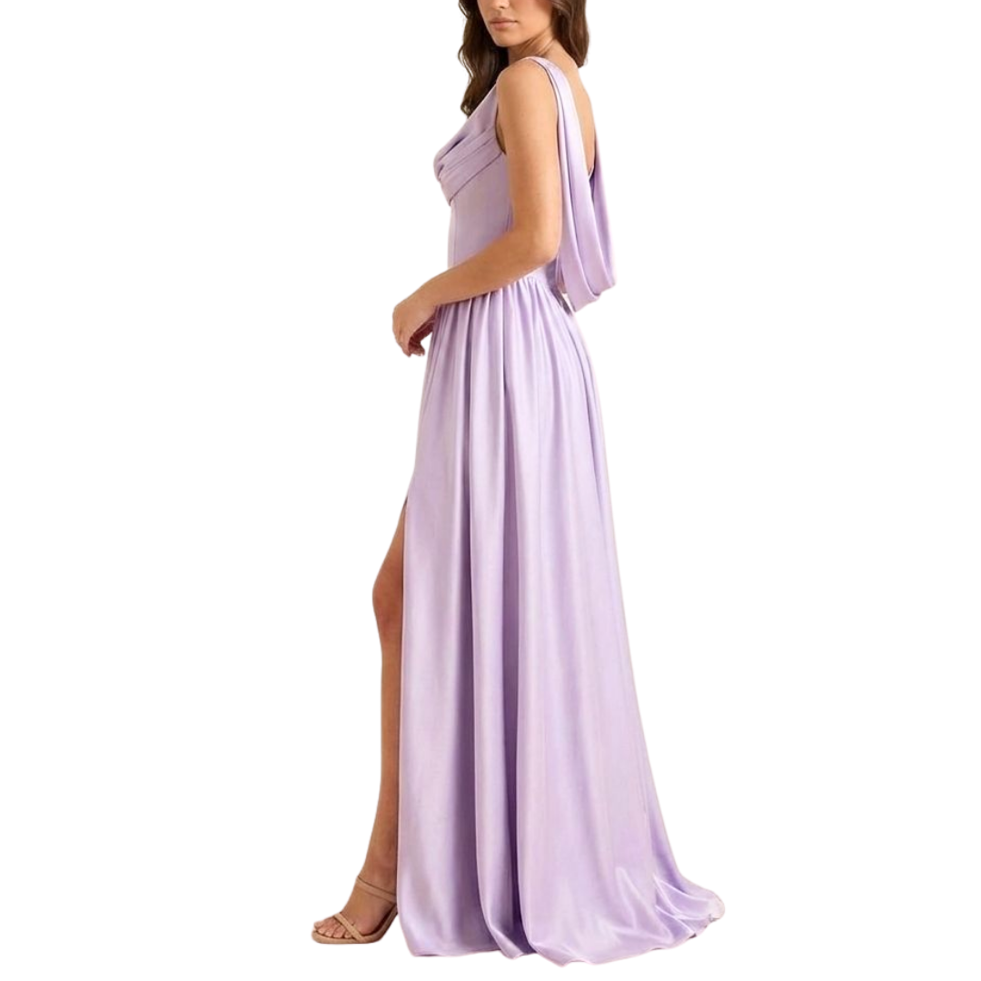 Fliederfarbenes Satin-Abendkleid mit Wasserfallausschnitt und Beinschlitz
