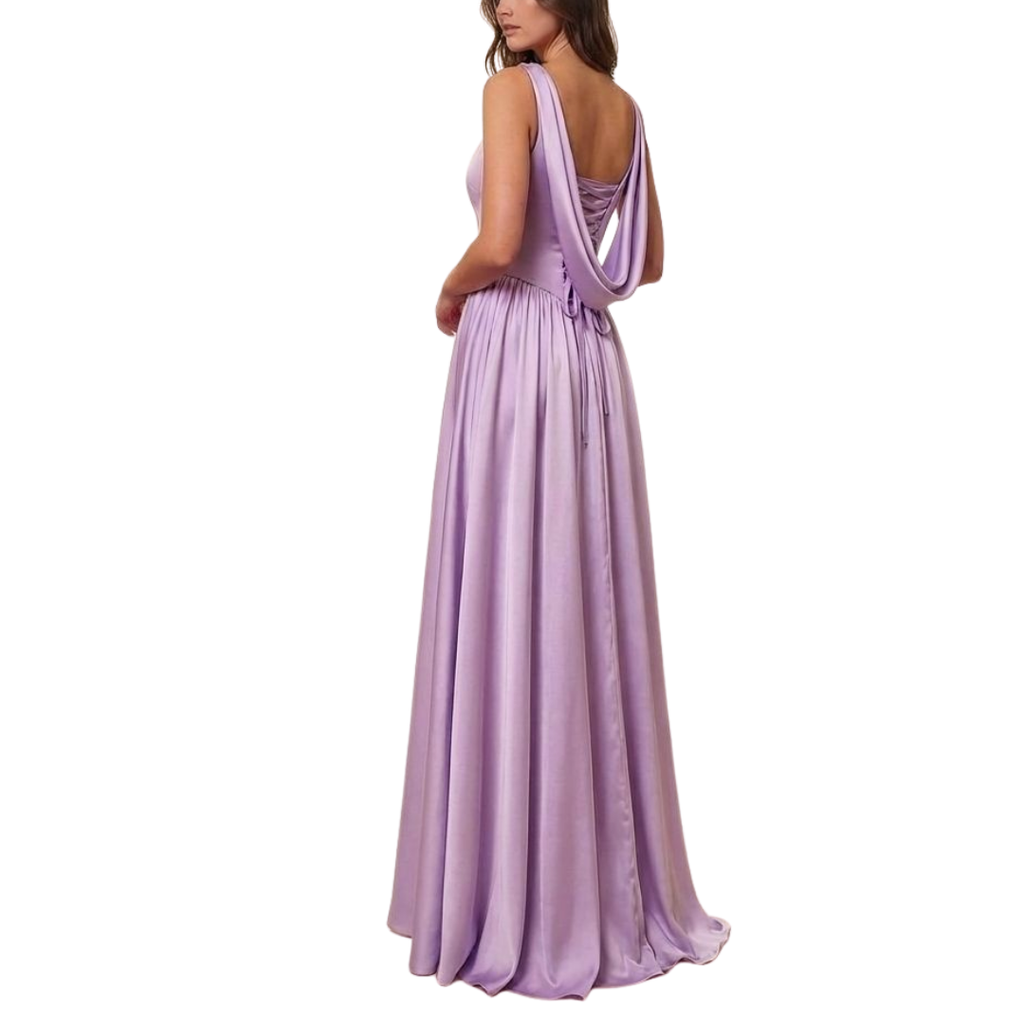 Fliederfarbenes Satin-Abendkleid mit Wasserfallausschnitt und Beinschlitz
