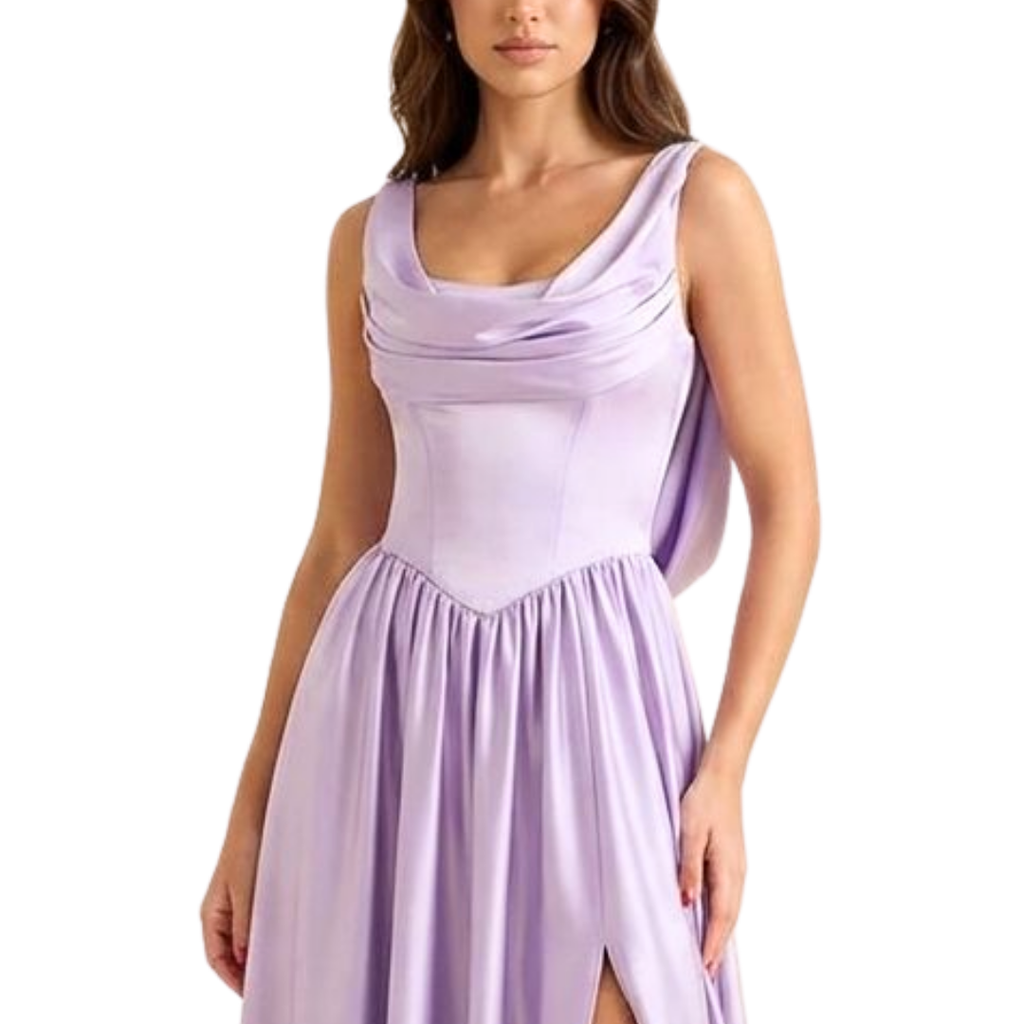 Fliederfarbenes Satin-Abendkleid mit Wasserfallausschnitt und Beinschlitz