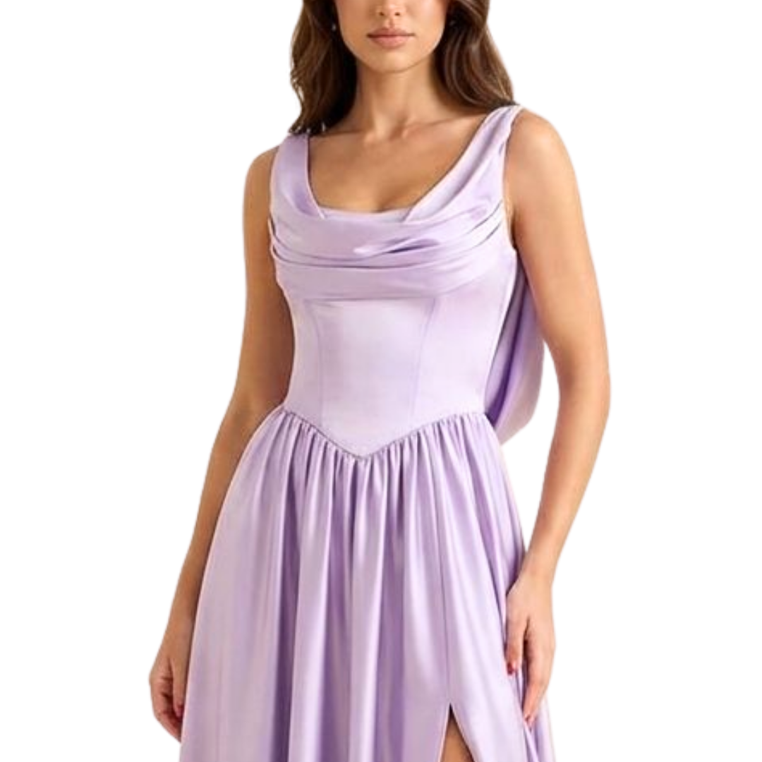 Fliederfarbenes Satin-Abendkleid mit Wasserfallausschnitt und Beinschlitz
