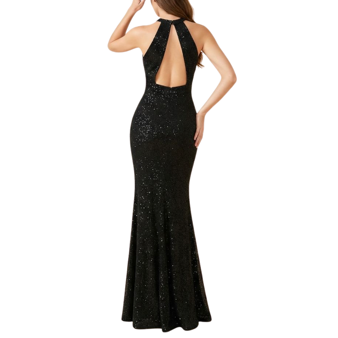 Glitzerndes schwarzes Neckholder-Abendkleid mit Spitzen-Dekolleté