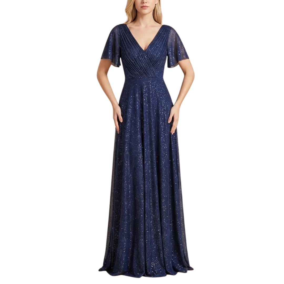 Glitzerndes dunkelblaues Abendkleid mit V-Ausschnitt und Flatterärmeln