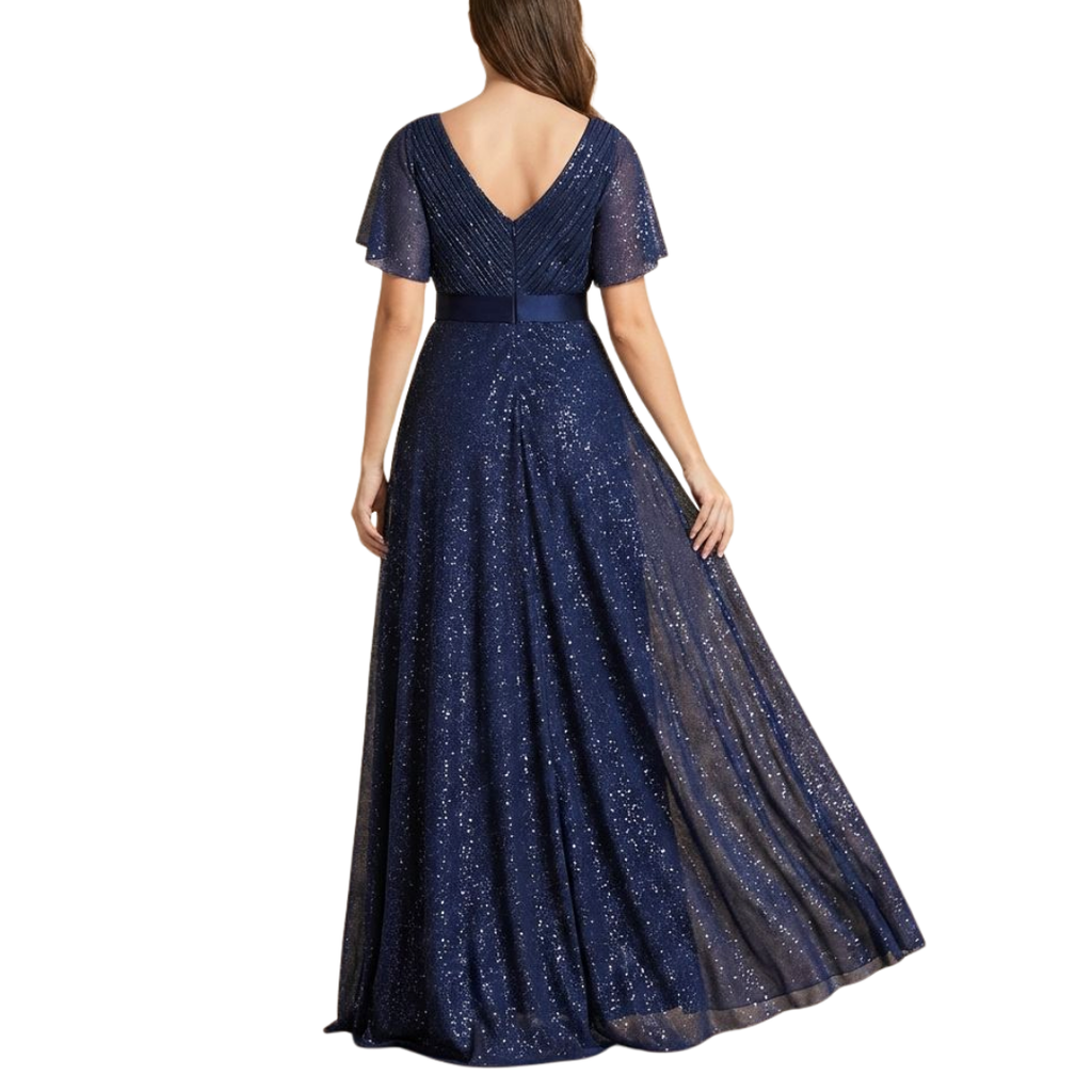 Glitzerndes dunkelblaues Abendkleid mit V-Ausschnitt und Flatterärmeln