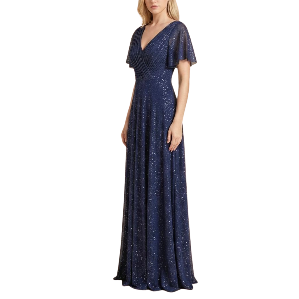 Glitzerndes dunkelblaues Abendkleid mit V-Ausschnitt und Flatterärmeln