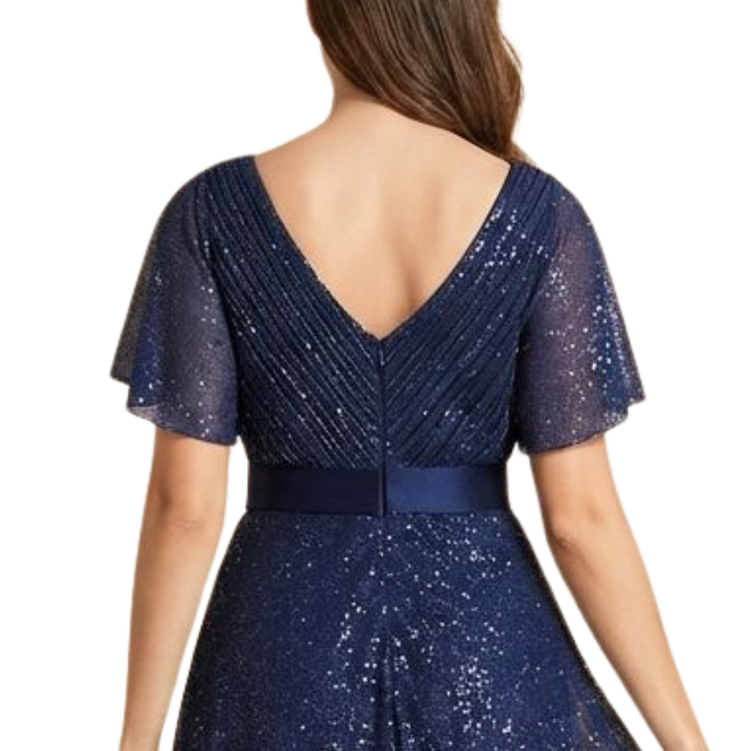 Glitzerndes dunkelblaues Abendkleid mit V-Ausschnitt und Flatterärmeln