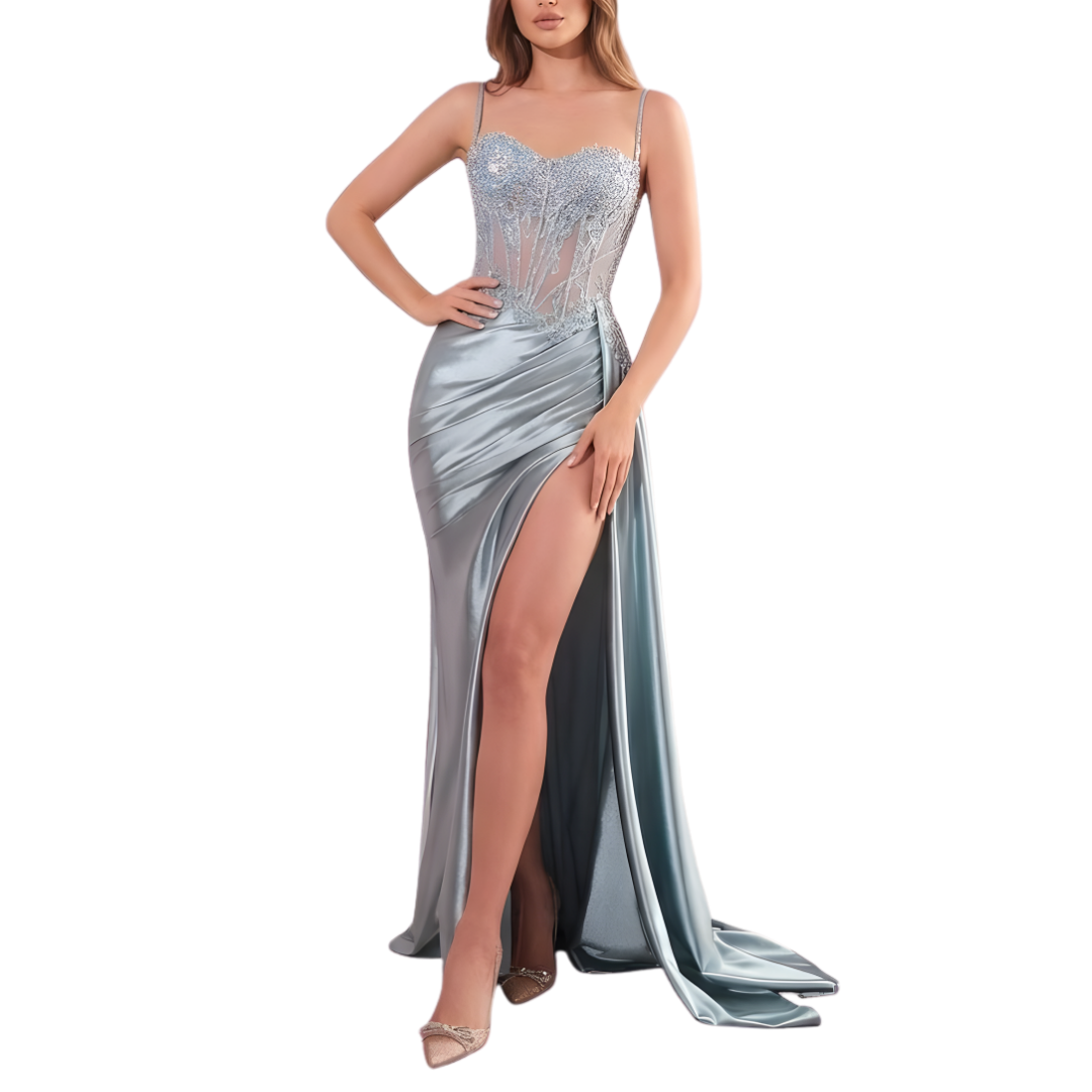 Silbernes Satin-Abendkleid mit Pailletten-Korsett und Beinschlitz