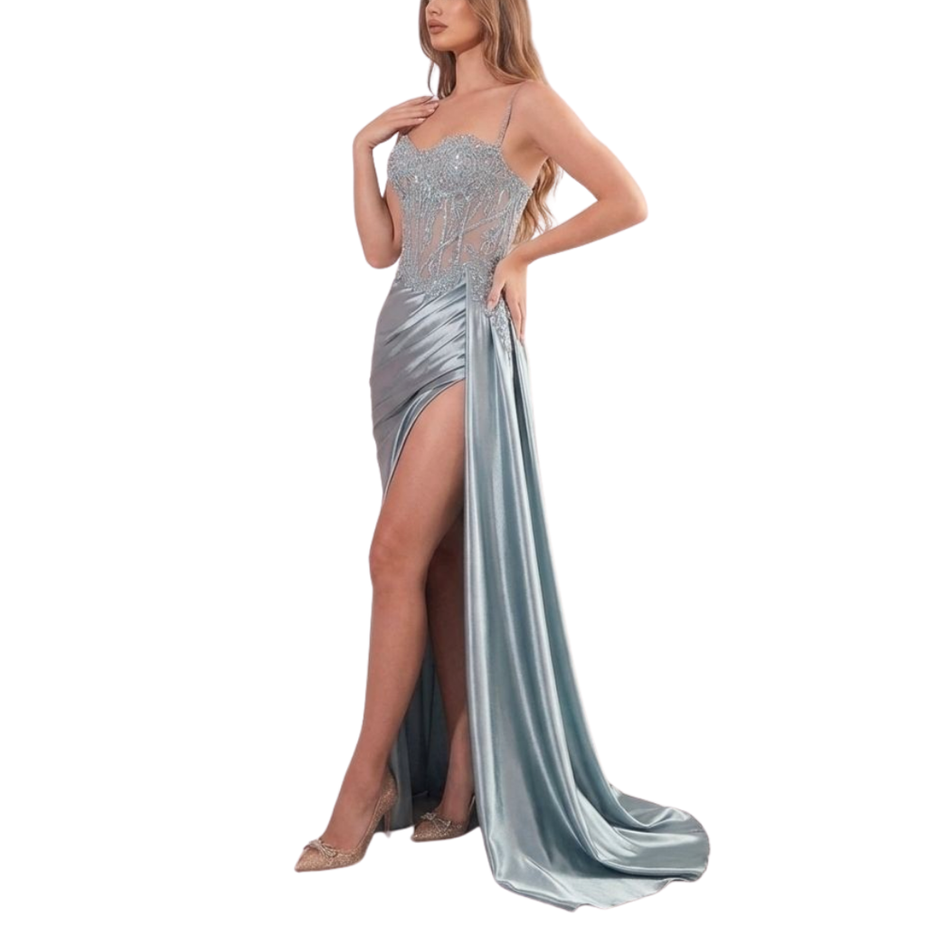 Silbernes Satin-Abendkleid mit Pailletten-Korsett und Beinschlitz
