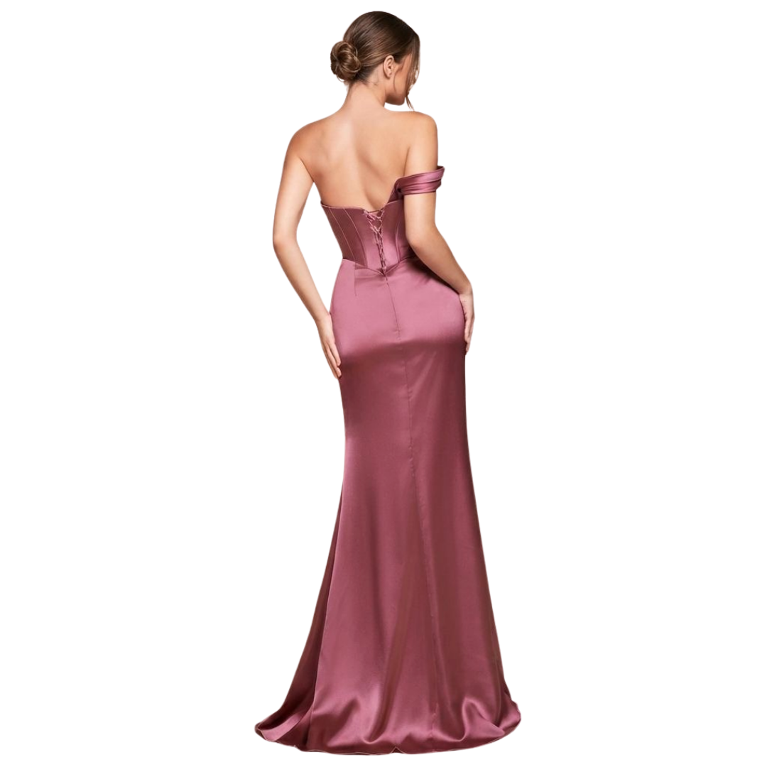 Satin-Abendkleid in Altrosa mit Korsett und Beinschlitz