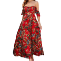 Rotes Off-Shoulder Maxikleid mit tropischem Blumenmuster