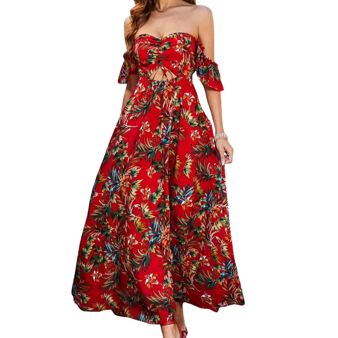 Rotes Off-Shoulder Maxikleid mit tropischem Blumenmuster