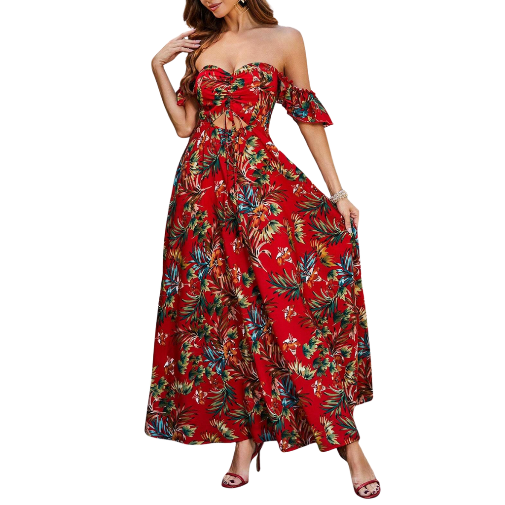 Rotes Off-Shoulder Maxikleid mit tropischem Blumenmuster