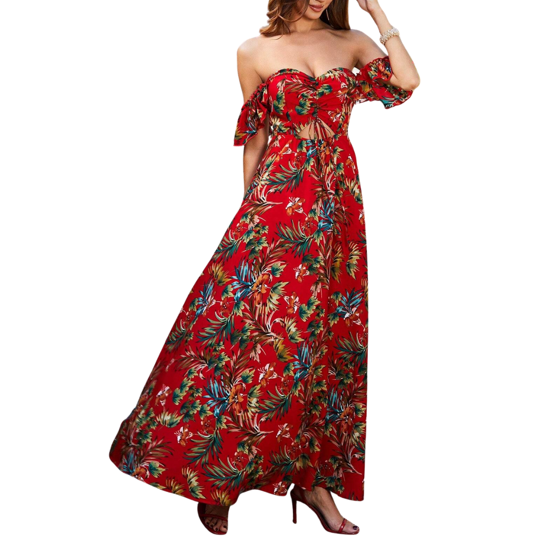 Rotes Off-Shoulder Maxikleid mit tropischem Blumenmuster
