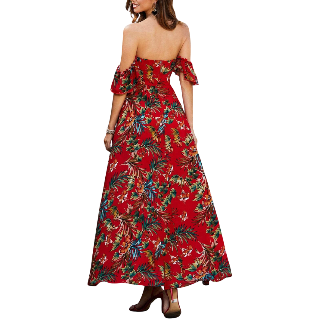 Rotes Off-Shoulder Maxikleid mit tropischem Blumenmuster