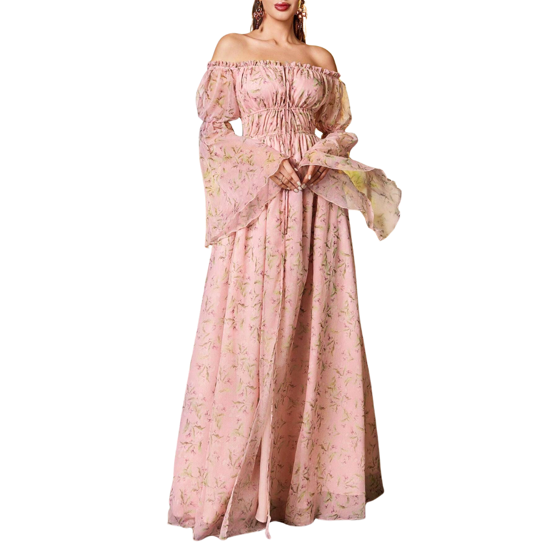 Rosa Off-Shoulder Maxikleid mit floralem Chiffon-Muster