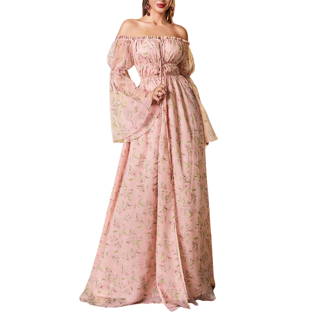 Rosa Off-Shoulder Maxikleid mit floralem Chiffon-Muster