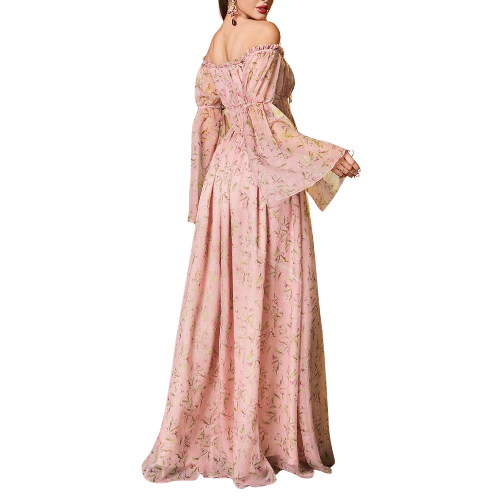 Rosa Off-Shoulder Maxikleid mit floralem Chiffon-Muster