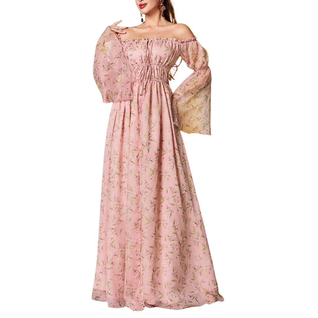 Rosa Off-Shoulder Maxikleid mit floralem Chiffon-Muster