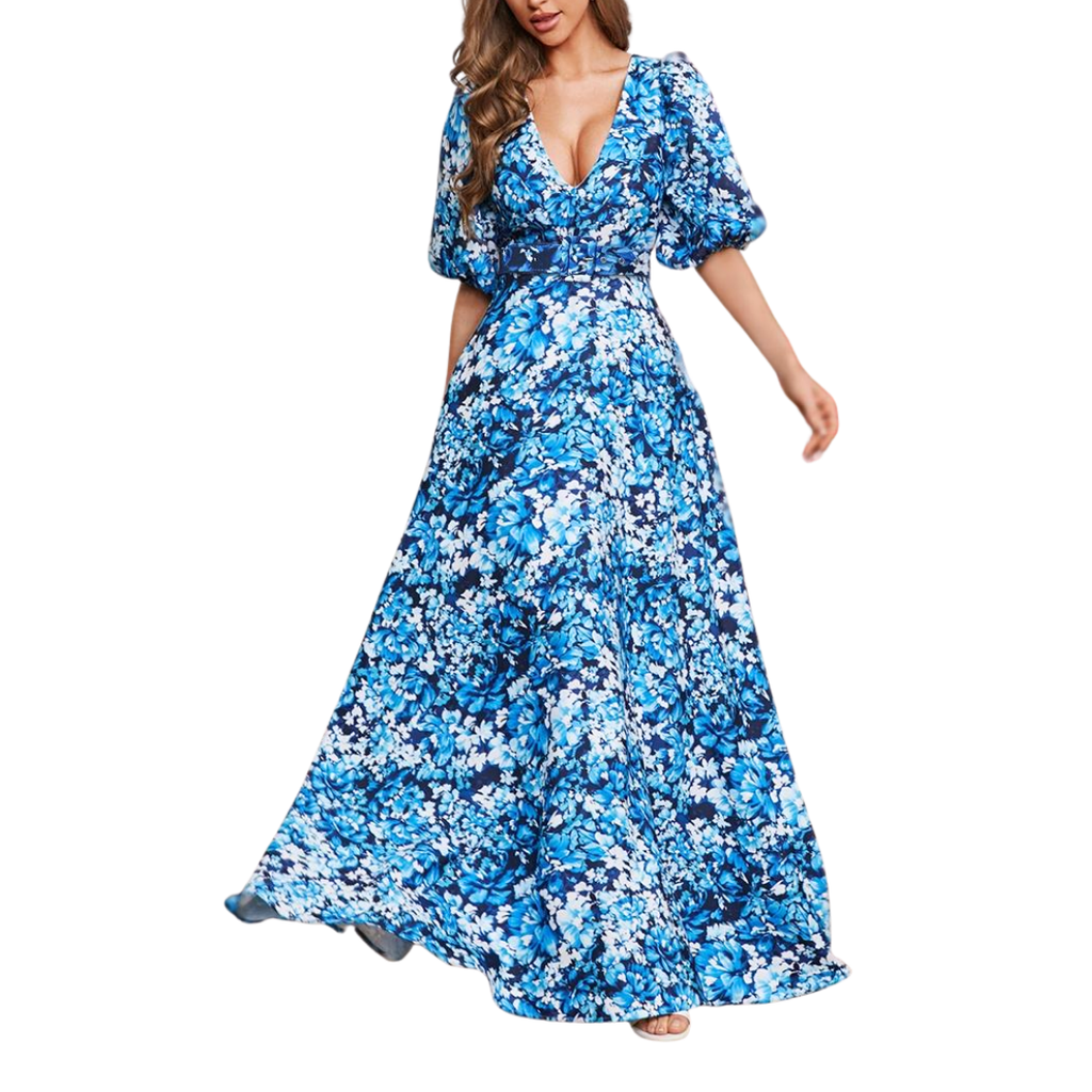 Blaues Maxikleid mit floralem Muster und V-Ausschnitt