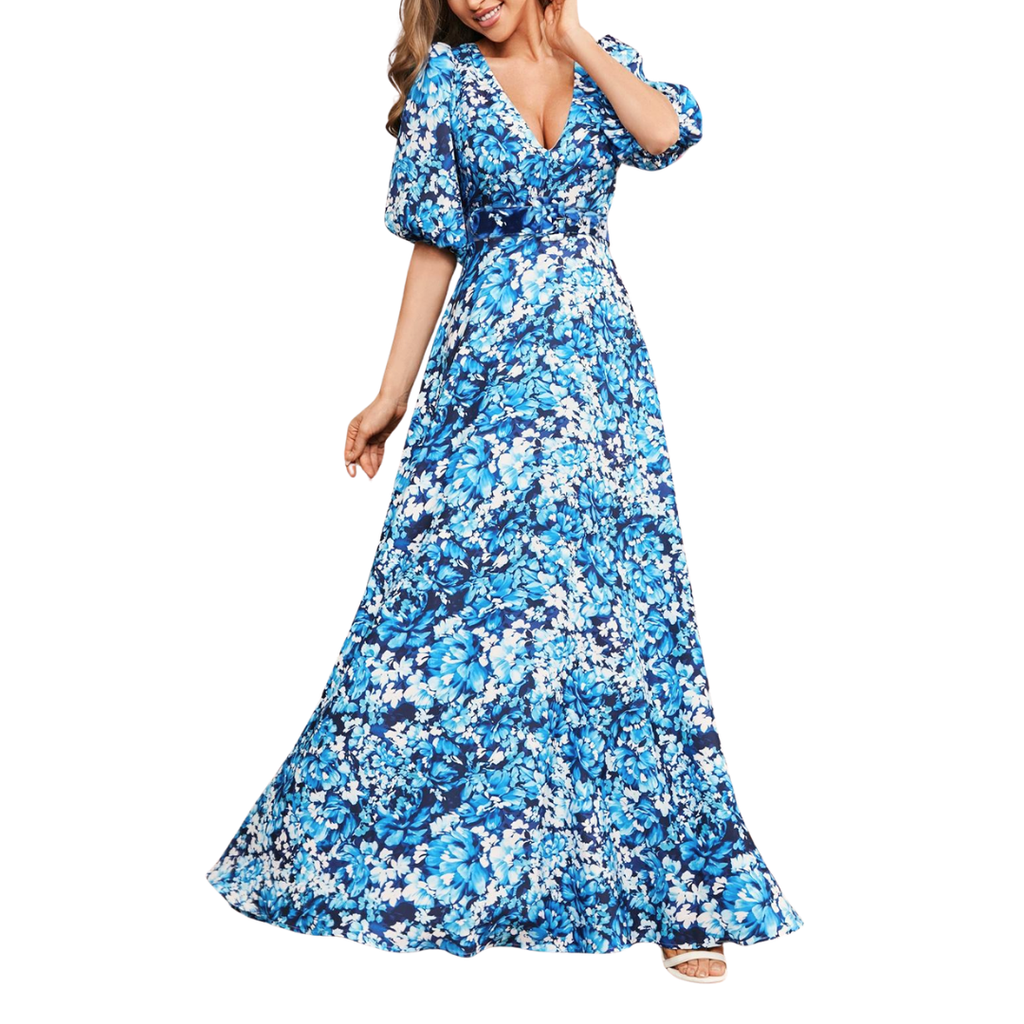 Blaues Maxikleid mit floralem Muster und V-Ausschnitt
