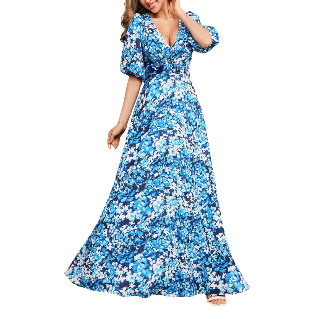 Blaues Maxikleid mit floralem Muster und V-Ausschnitt