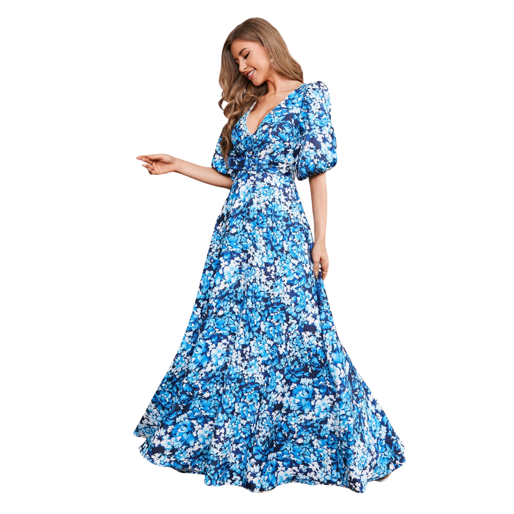 Blaues Maxikleid mit floralem Muster und V-Ausschnitt
