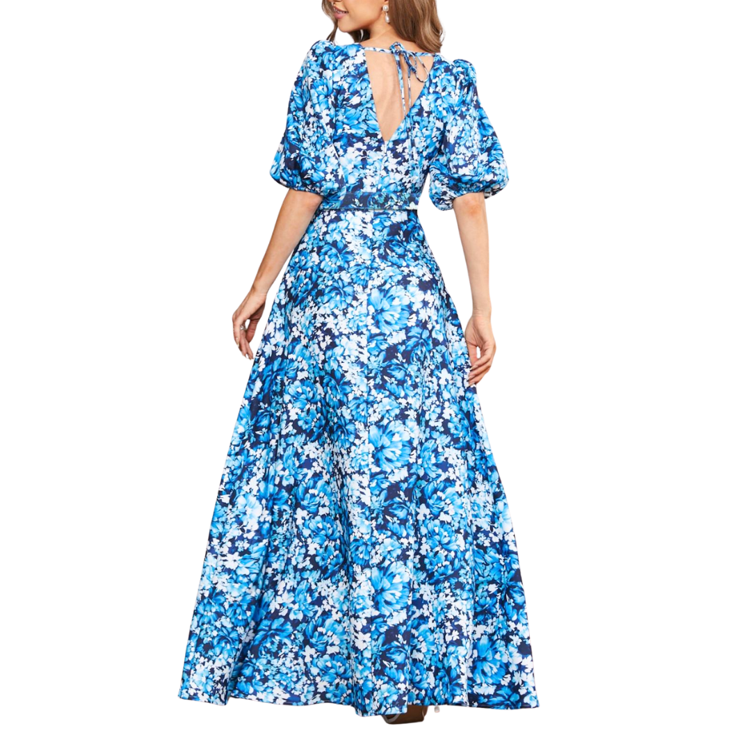 Blaues Maxikleid mit floralem Muster und V-Ausschnitt