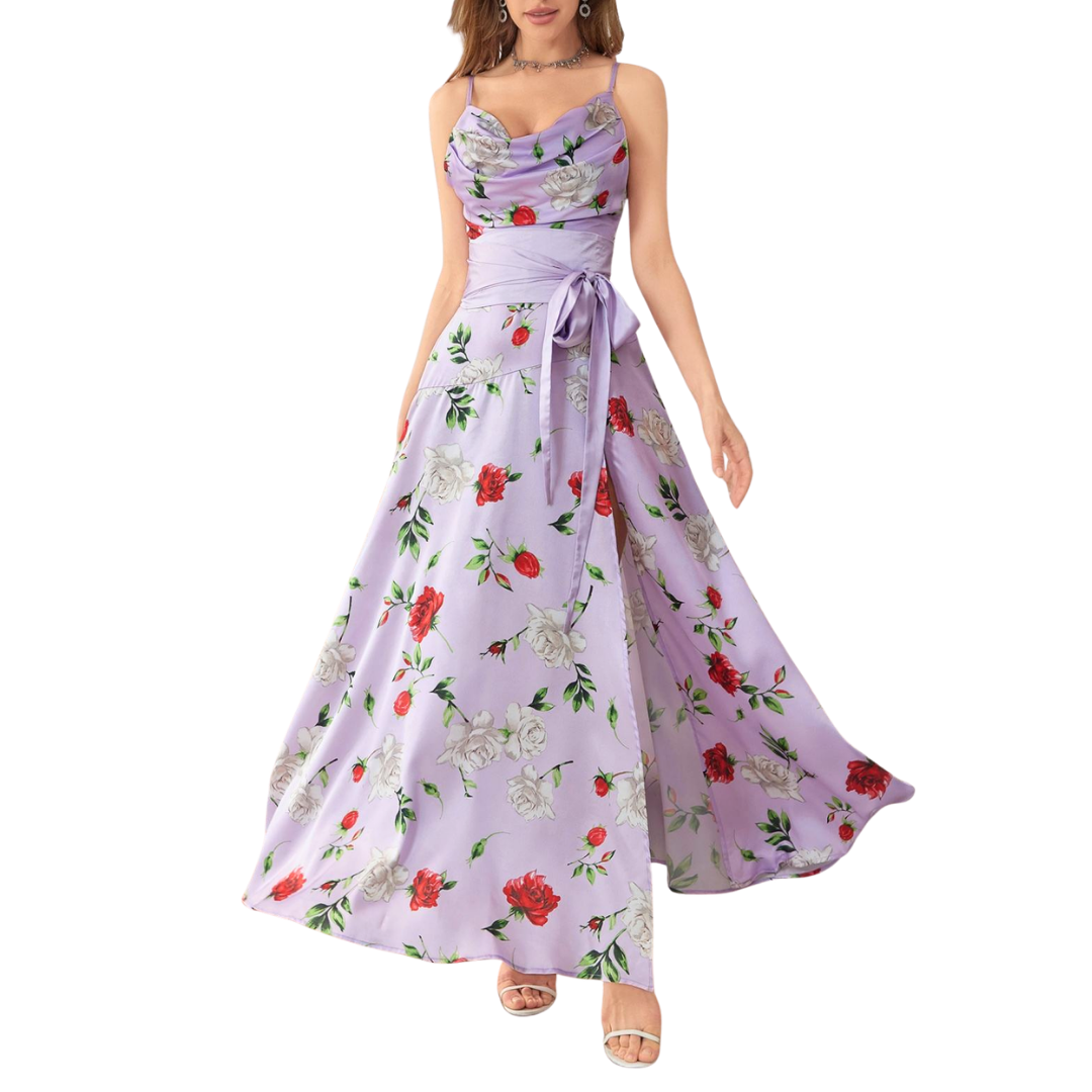 Lila Satin-Maxikleid mit Rosenmuster und Beinschlitz