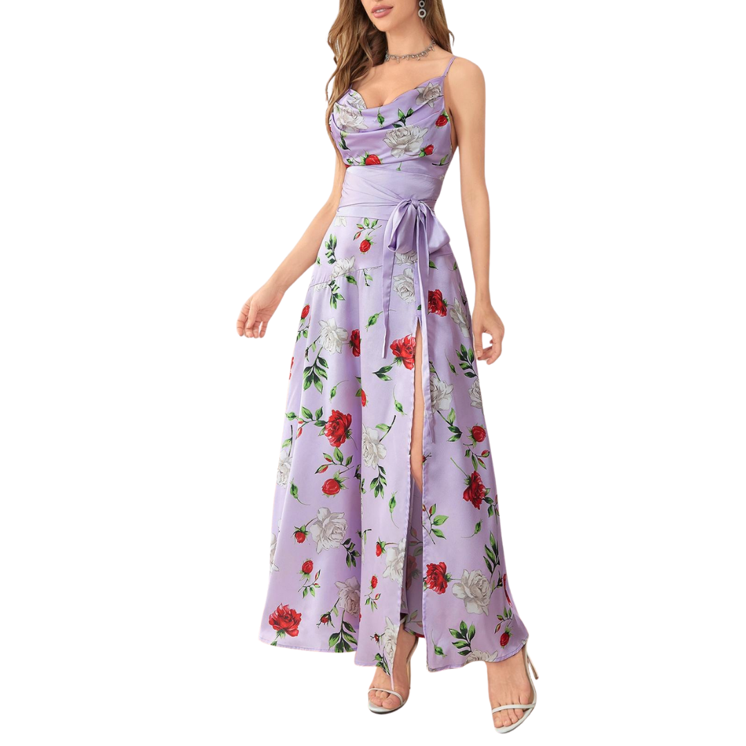Lila Satin-Maxikleid mit Rosenmuster und Beinschlitz