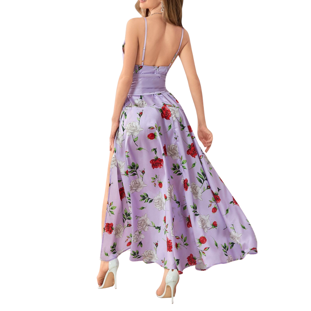 Lila Satin-Maxikleid mit Rosenmuster und Beinschlitz