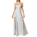 Weißes Off-Shoulder Abendkleid mit Spitzen-Applikationen und Beinschlitz