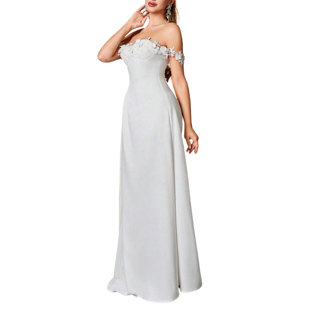 Weißes Off-Shoulder Abendkleid mit Spitzen-Applikationen und Beinschlitz