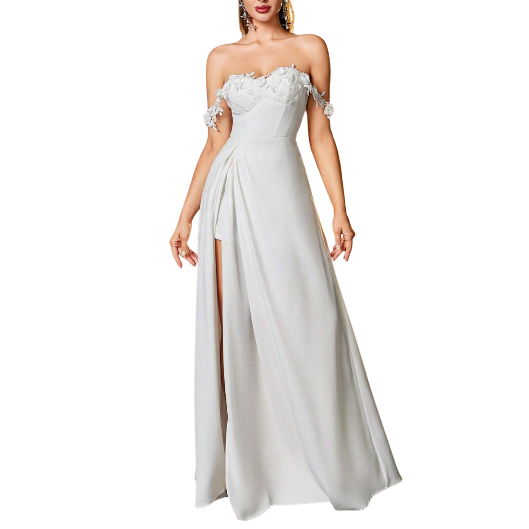 Weißes Off-Shoulder Abendkleid mit Spitzen-Applikationen und Beinschlitz