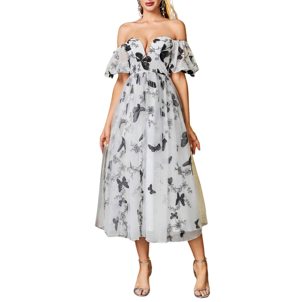 Weißes Off-Shoulder Tüllkleid mit schwarzen Schmetterlings-Applikationen