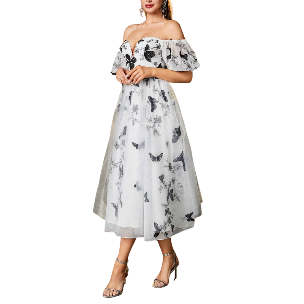 Weißes Off-Shoulder Tüllkleid mit schwarzen Schmetterlings-Applikationen
