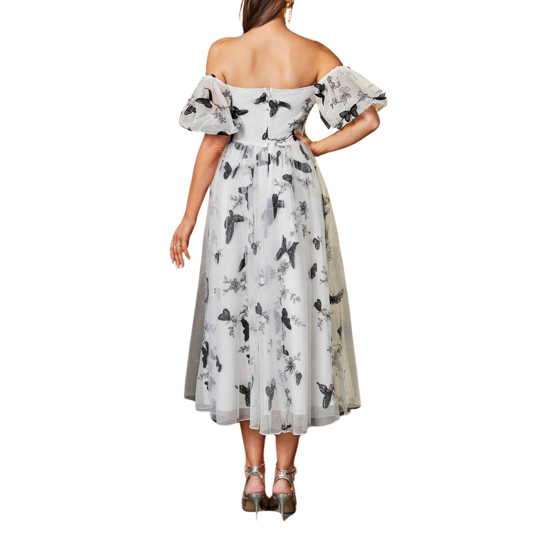 Weißes Off-Shoulder Tüllkleid mit schwarzen Schmetterlings-Applikationen