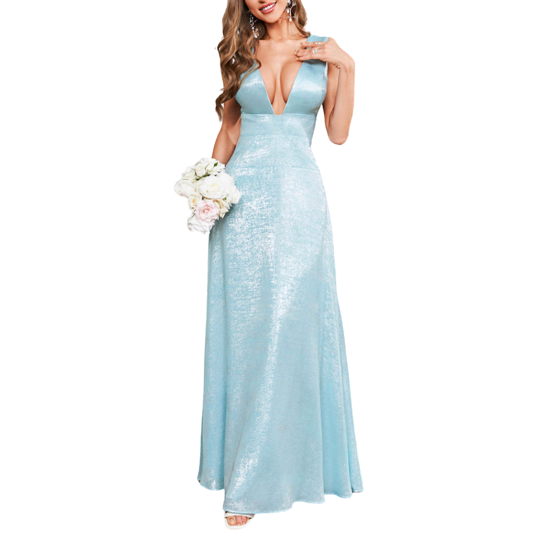 Glitzerndes hellblaues Abendkleid mit tiefem V-Ausschnitt