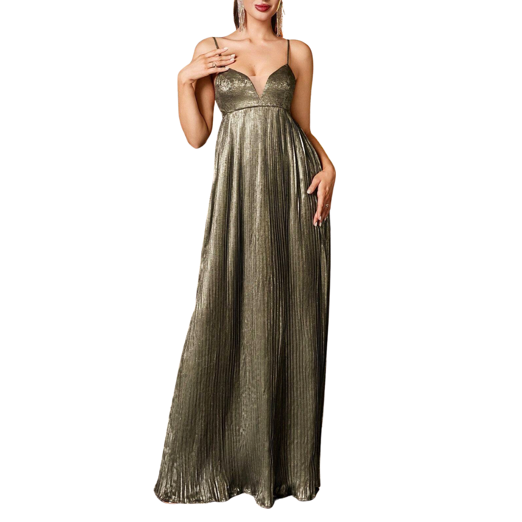 Elegantes smaragdgrünes Satin-Maxikleid mit V-Ausschnitt